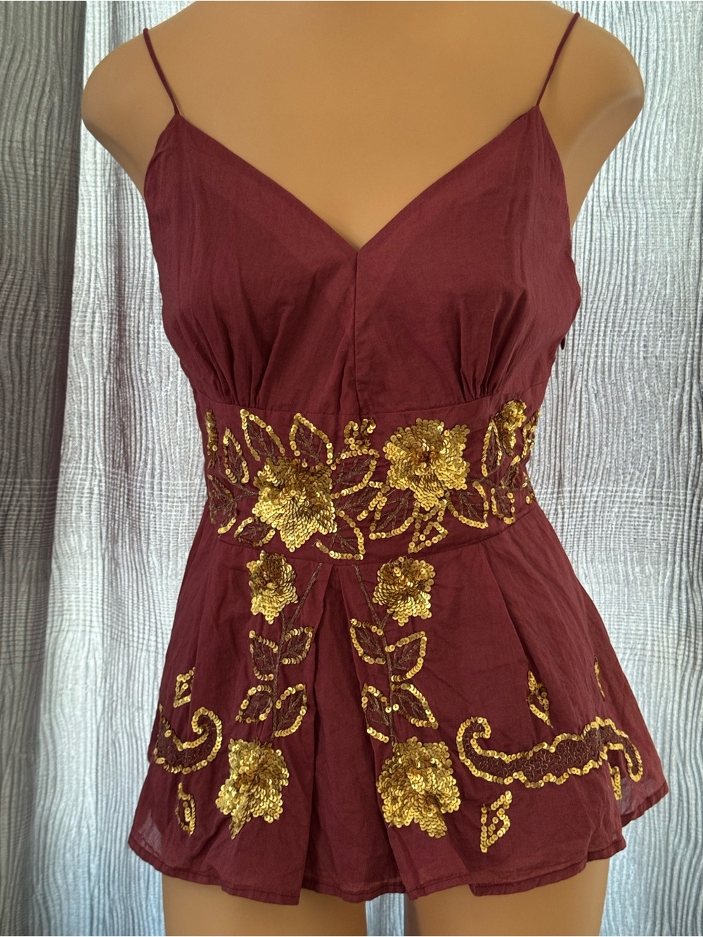 Women’s Burgundy Floral Sequin Embroidered Cami Top